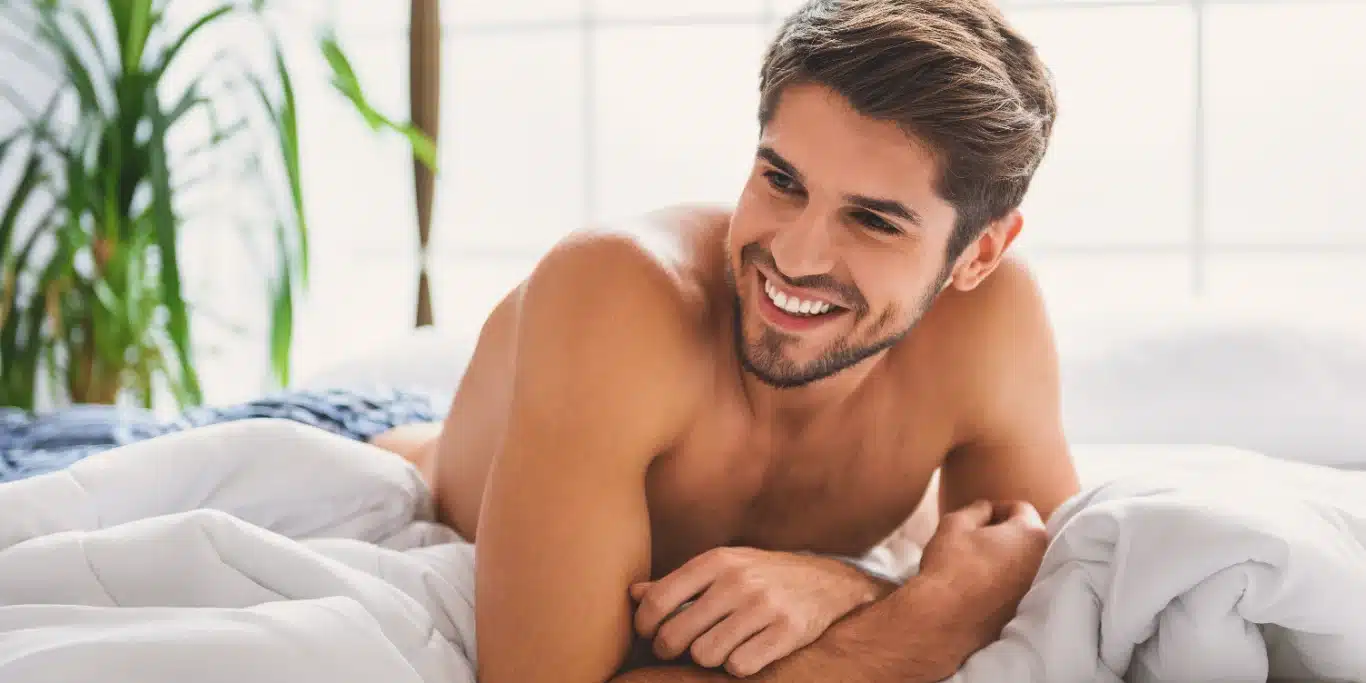 Smiling Man Bed Morning Relaxation